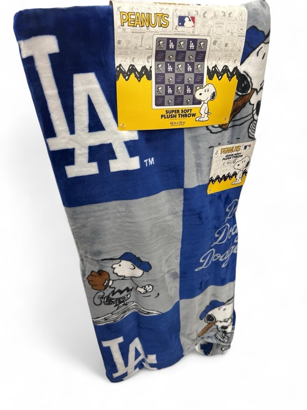 Peanuts Los Angeles Dodgers Blue Gray Plush Throw Blanket